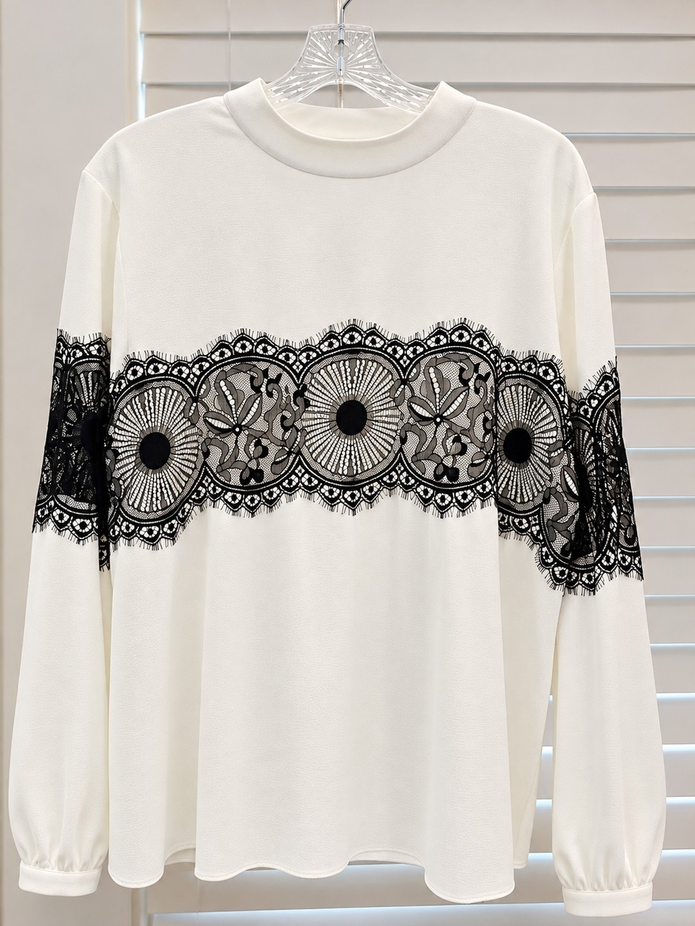 New York & Company Ivory Blouse with Black Lace Band